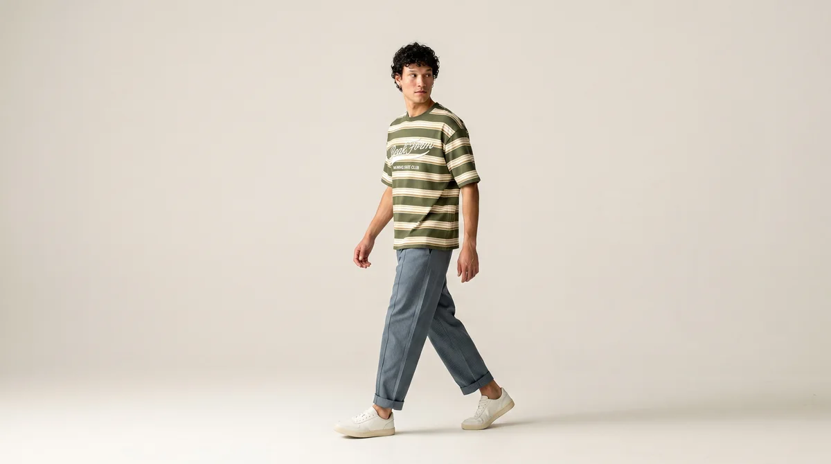 Modelo caminando con remera de rayas verdes y pantalón azul, estudio de fondo claro