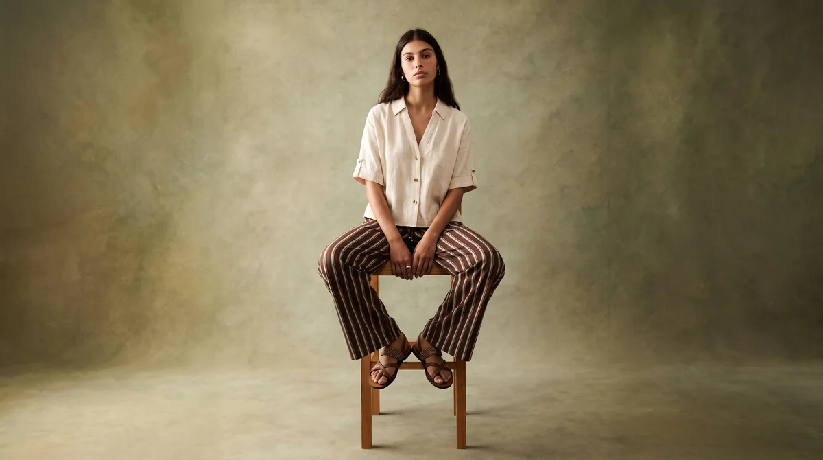 Modelo sentada en un banco de madera, composición editorial de estudio