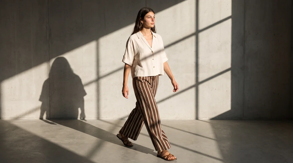 Modelo caminando con luz lateral dramática que proyecta su sombra en la pared