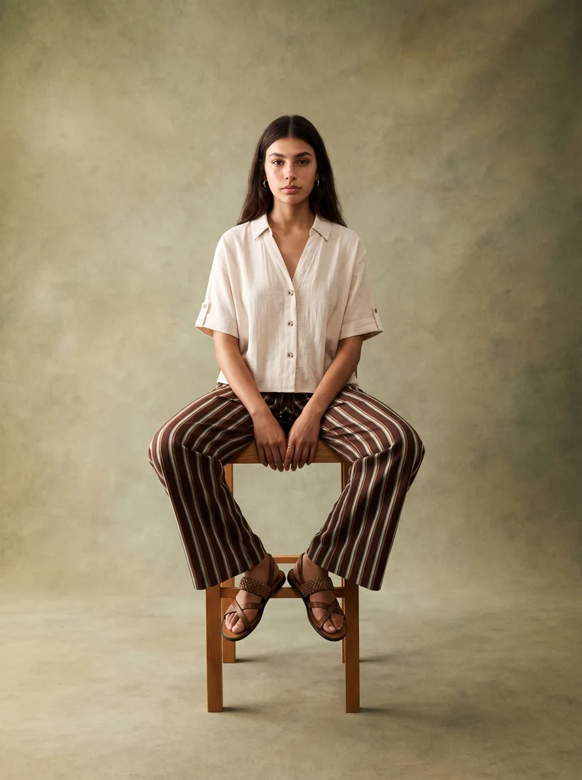 Modelo sentada con camisa crema y pantalón a rayas, fondo verde de estudio