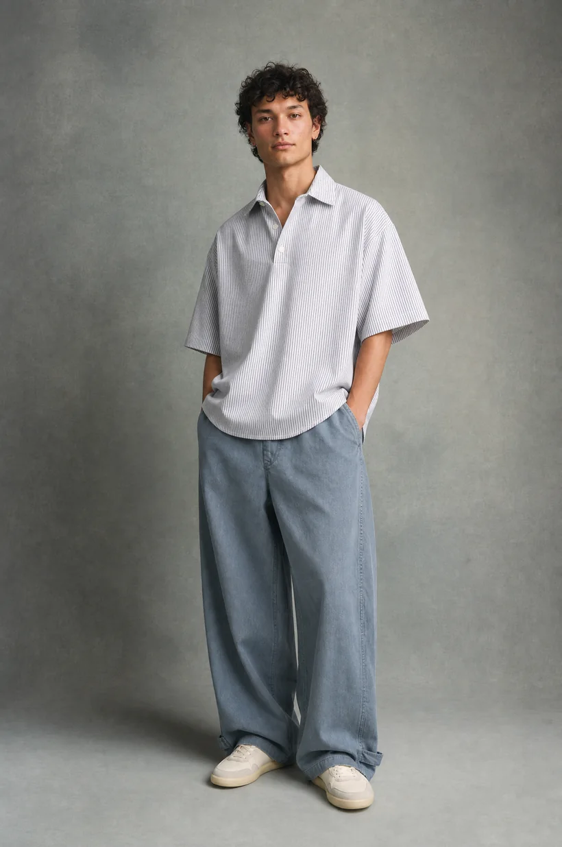 Modelo de pie con polo gris y jean ancho sobre fondo gris