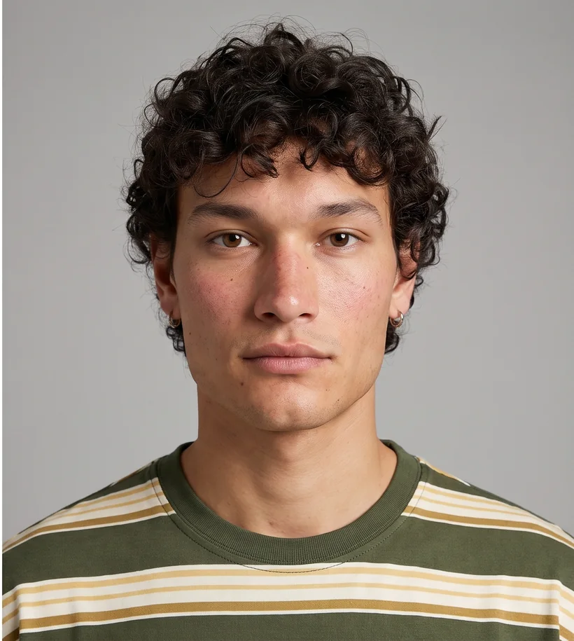 Retrato de modelo con remera de rayas verdes sobre fondo neutro