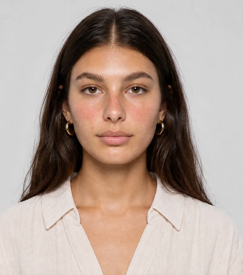 Retrato de modelo con camisa crema de lino sobre fondo neutro